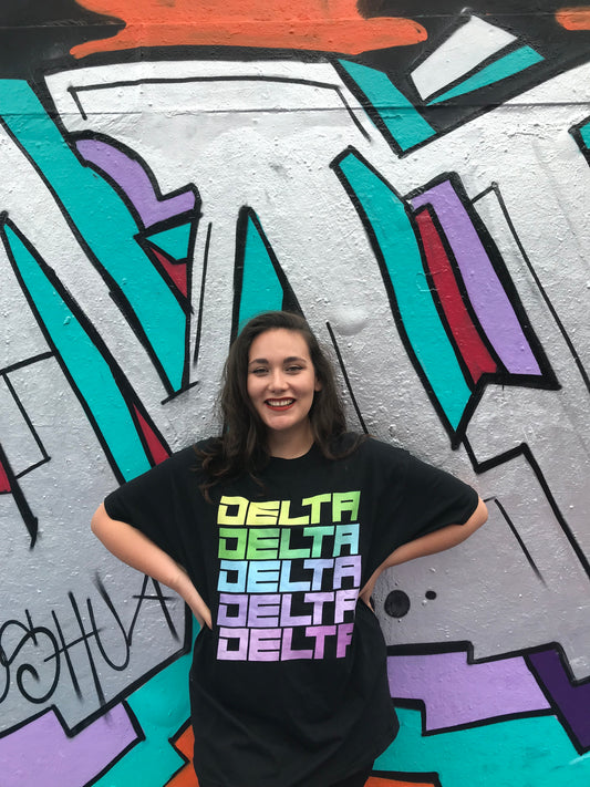 Cosmic Tee ~ Delta’s New Pastel Print Black Short Sleeve Tee