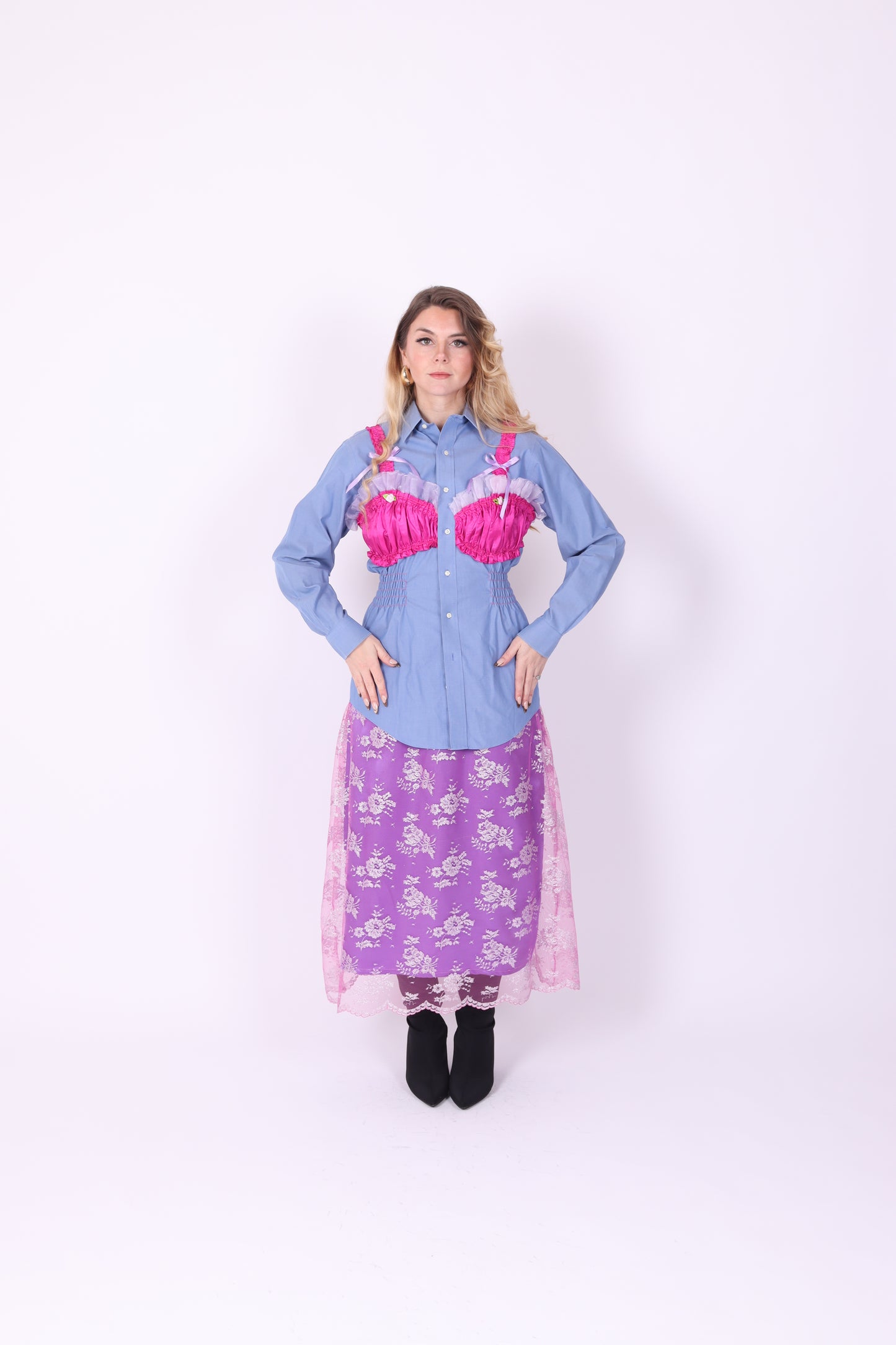 BLUE REWORK SHIRT FUCHSIA PINK BRALETTE DELTA OF PHOENIX