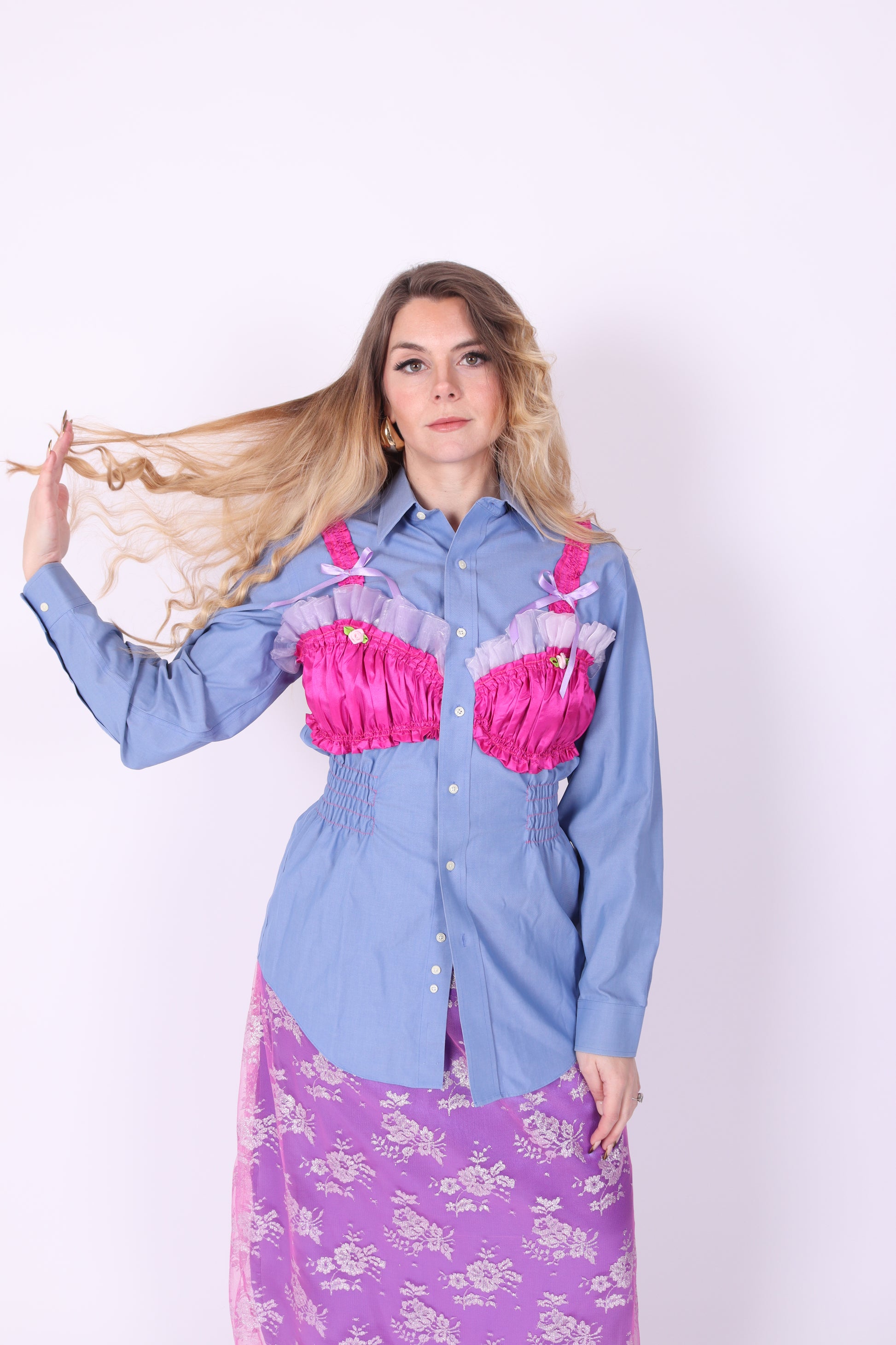 BLUE REWORK SHIRT FUCHSIA PINK BRALETTE DELTA OF PHOENIX
