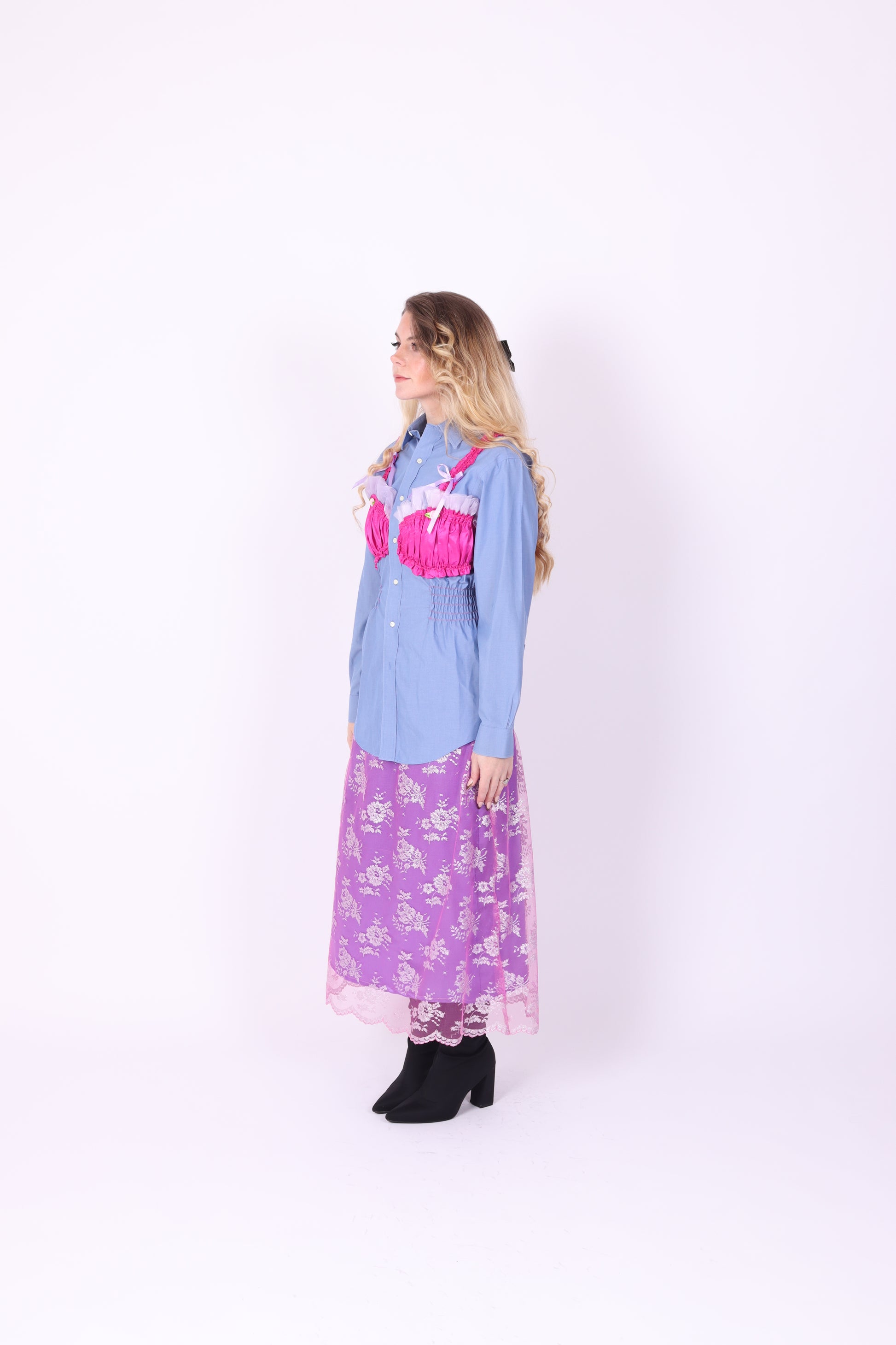 BLUE REWORK SHIRT FUCHSIA PINK BRALETTE DELTA OF PHOENIX