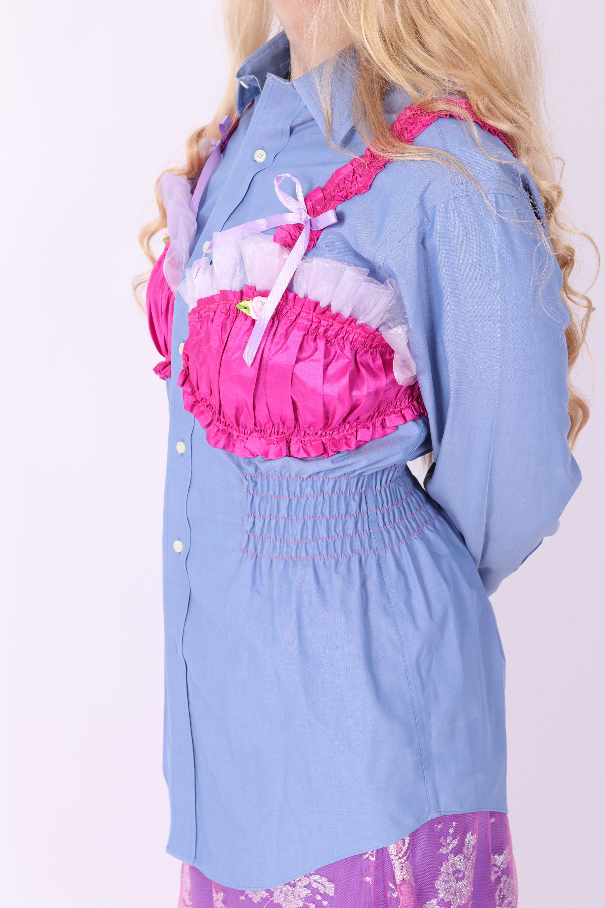 BLUE REWORK SHIRT FUCHSIA PINK BRALETTE DELTA OF PHOENIX