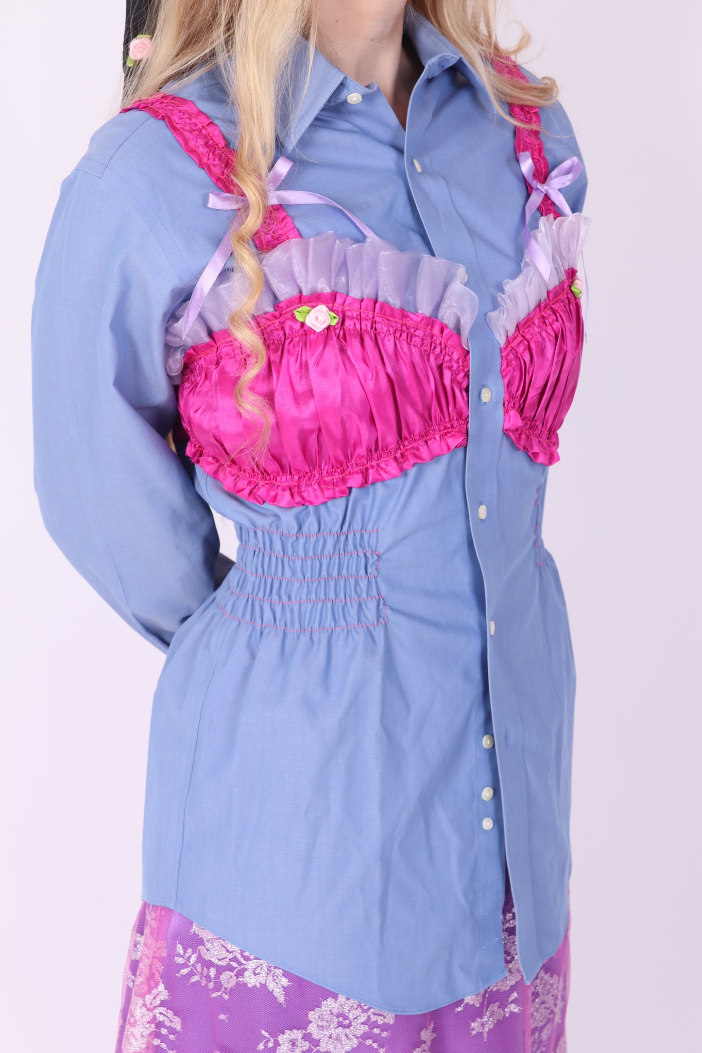 BLUE REWORK SHIRT FUCHSIA PINK BRALETTE DELTA OF PHOENIX