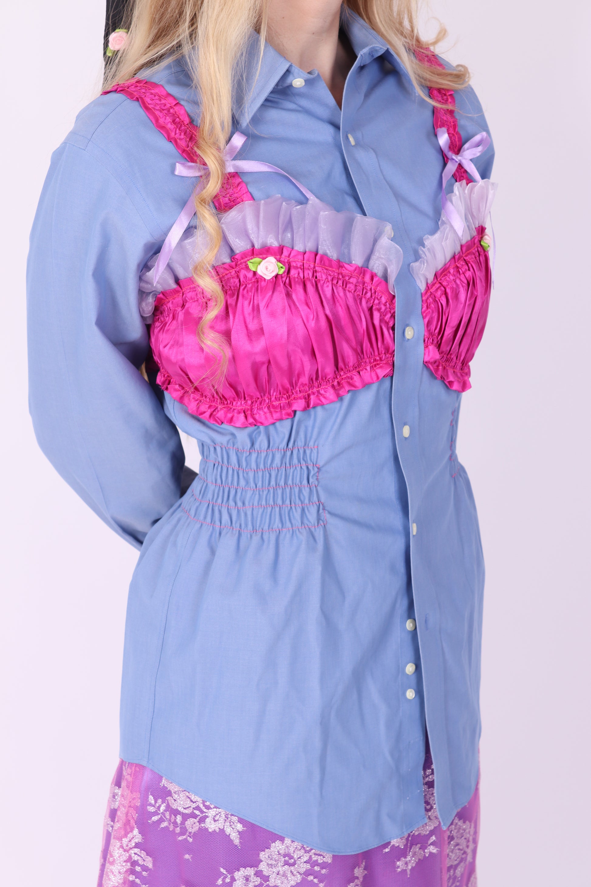 BLUE REWORK SHIRT FUCHSIA PINK BRALETTE DELTA OF PHOENIX