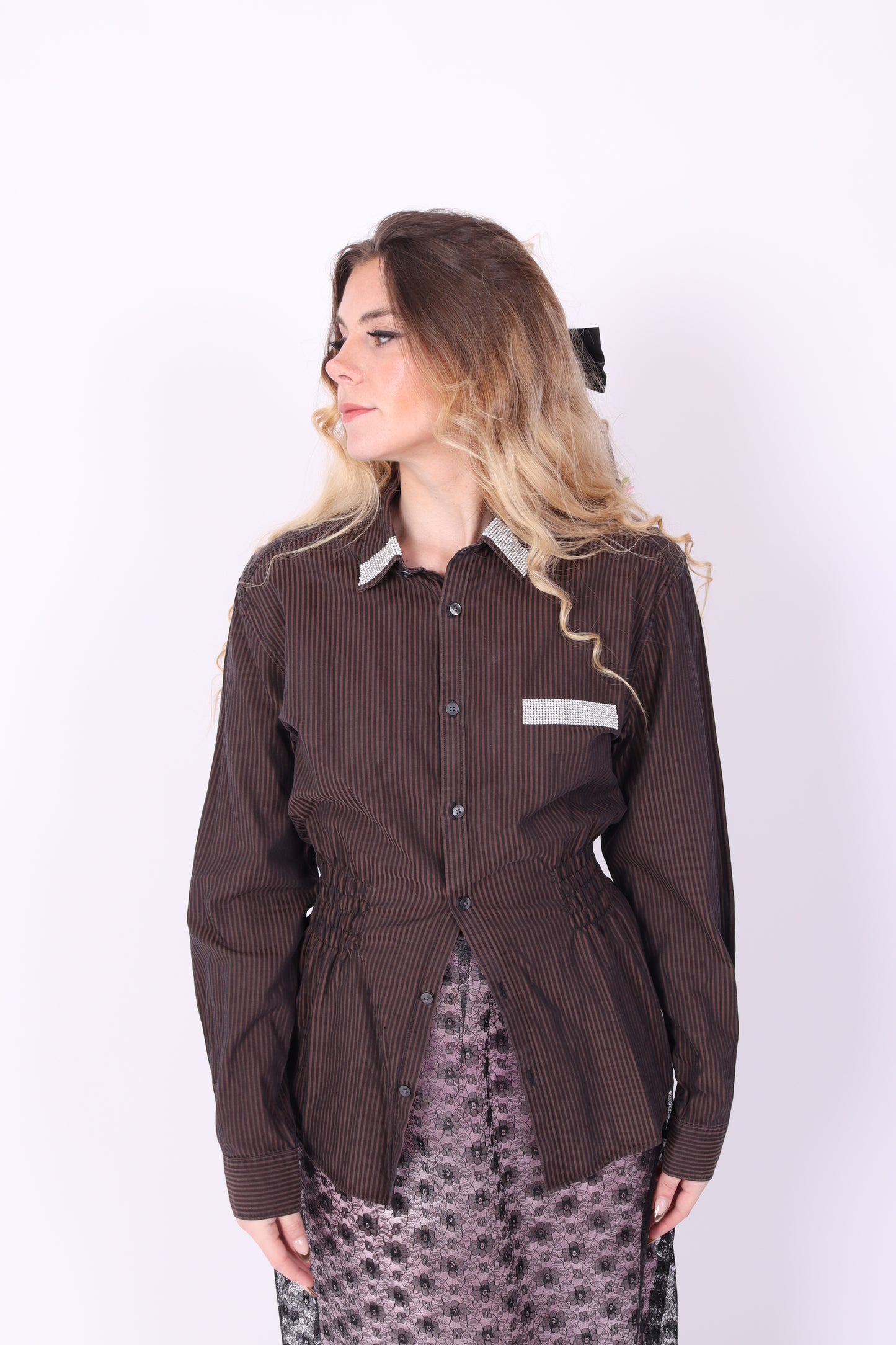 BROWN BLACK STRIPE DIAMANTE REWORK SHIRT DELTA OF PHOENIX