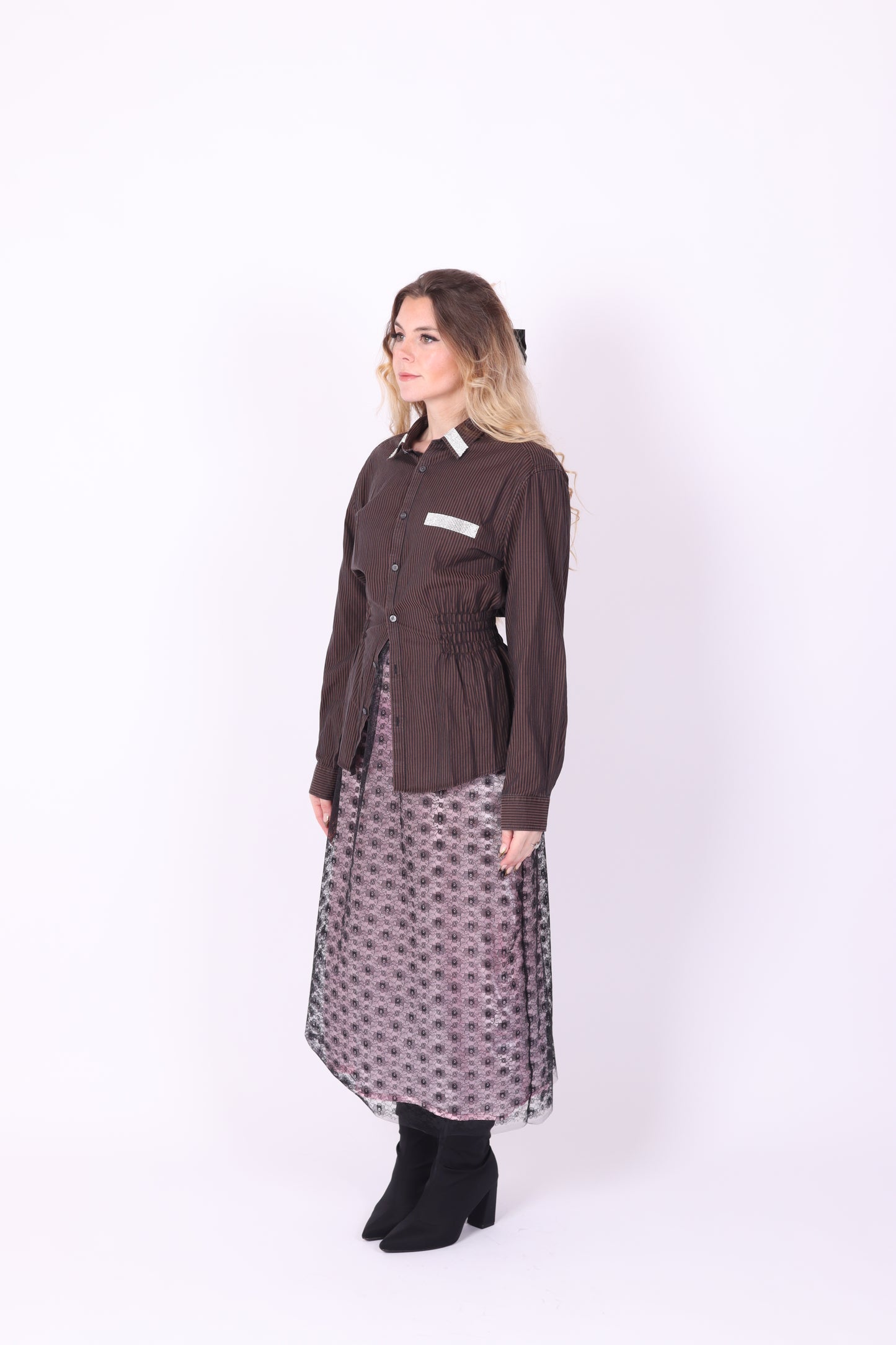 BROWN BLACK STRIPE DIAMANTE REWORK SHIRT DELTA OF PHOENIX