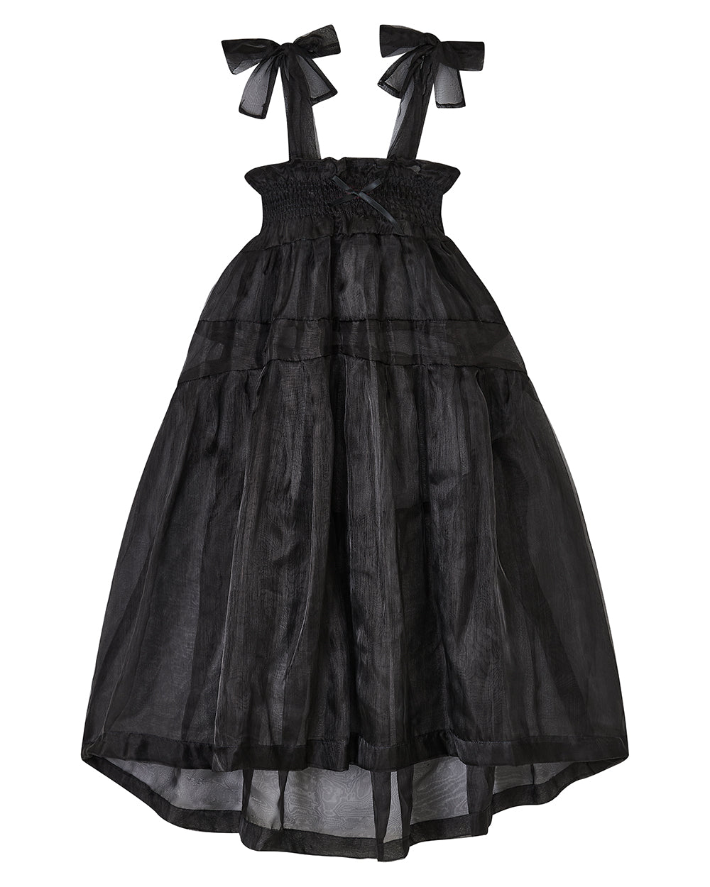 Black organza waterfall dress with a flowing full skirt, organza bow shoulder straps, and an elasticated shirring panel across the top bodice. Delta of phoenix buffy 2.0 dress