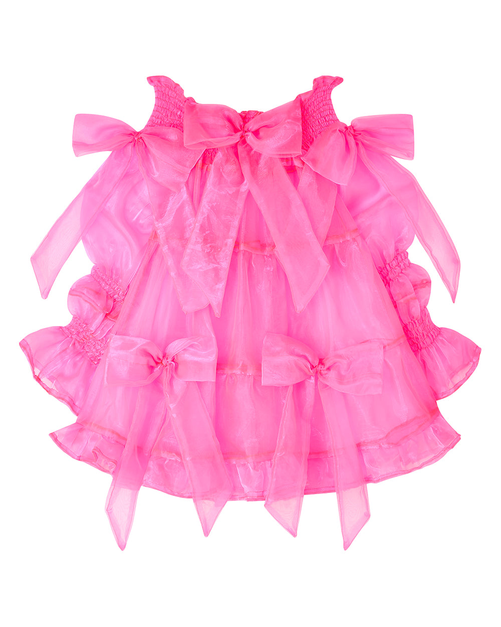 A neon pink organza mini dress with a large bow detail at the sleeve, skirt, and front, featuring a bardot neckline and puff sleeves. Delta Of Phoenix neon pink Cordelia dress