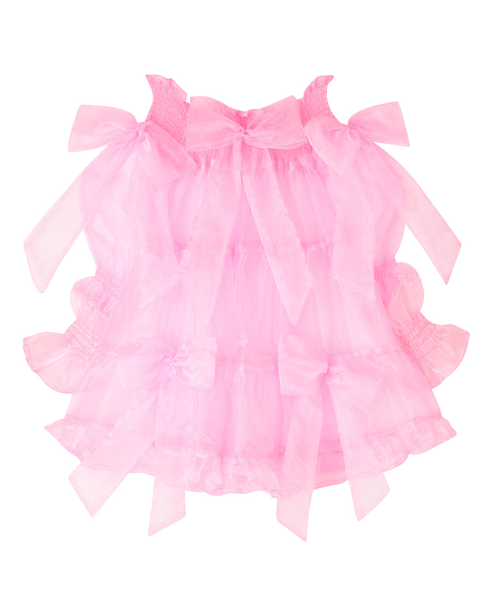 A bubblegum pink organza mini dress with a large bow detail at the sleeve, skirt, and front, featuring a bardot neckline and long puff sleeves. Cosette Dress by Delta Of Phoenix