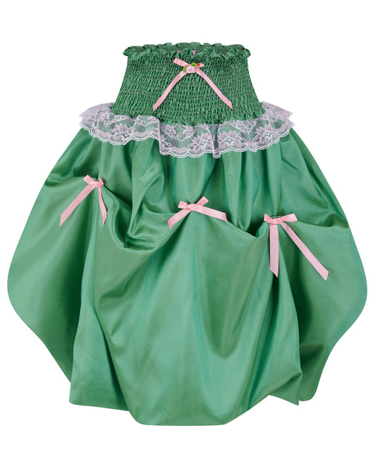 green taffeta midi bubble skirt with pink black and pink bows - desiree bubble midi skirt - delta of phoenix
