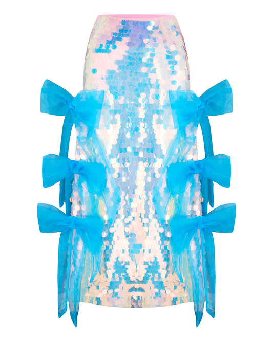 FIORELLE ✧ Iridescent XL Sequin Midi Skirt With Electric Blue Organza Bows