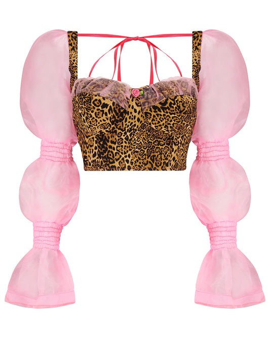 A luxury leopard print corset top with bubblegum pink organza sleeves and rosette detailing, primarily designed as a crop top. Delta Of phoenix Francine Corset Top