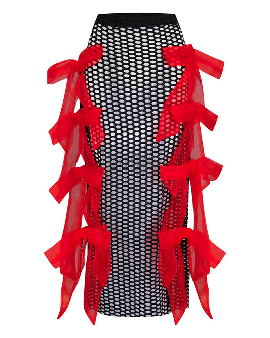 FRIDA ✧ Black XL Oval Fishnet Midi Skirt With Red Organza Bows