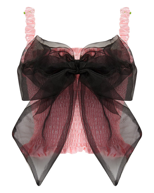 A pink bandeau top with a large black bow on the front, featuring elasticated shirring bodice and ruched shoulder straps. Delta Of Phoenix Giselle Bow Top