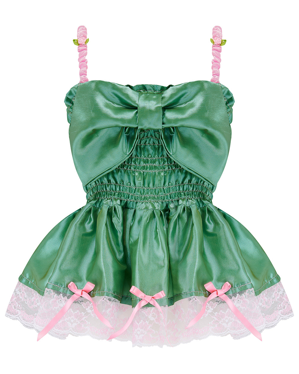 A pistachio green taffeta top with pink scalloped lace detail and a bow on the front, featuring pink topstitch elasticated shirring bodice and baby pink taffeta shoulder straps with rosette detail. Delta Of Phoenix Göta Bow Top