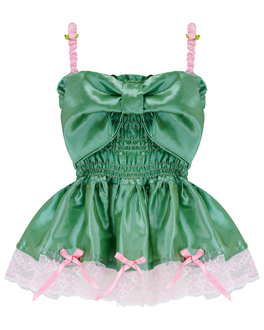 A pistachio green taffeta top with pink scalloped lace detail and a bow on the front, featuring pink topstitch elasticated shirring bodice and baby pink taffeta shoulder straps with rosette detail. Delta Of Phoenix Göta Bow Top