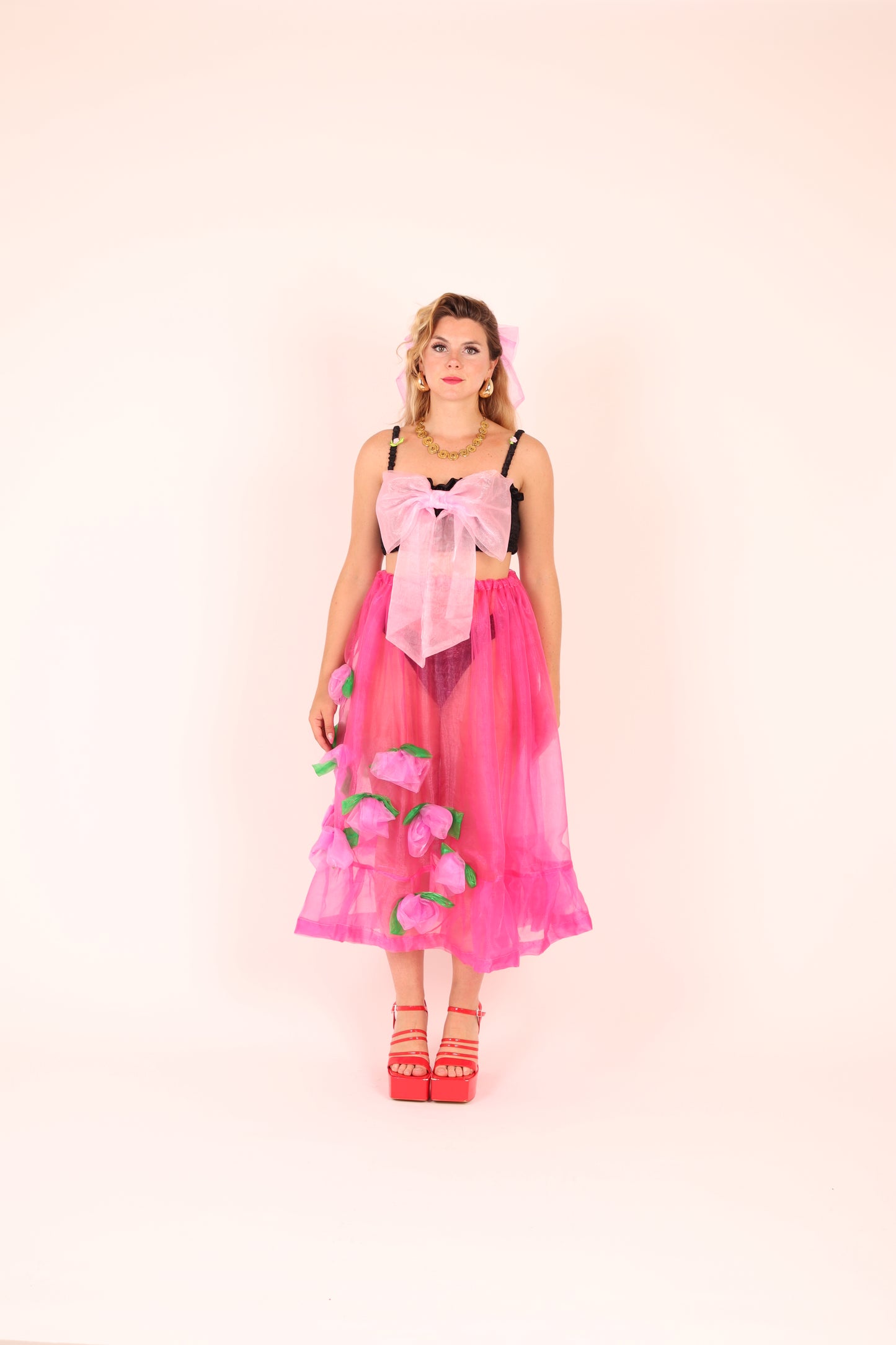FLEURETTE ✧ Fuchsia Pink Organza Midi Skirt With Cerise Organza Roses