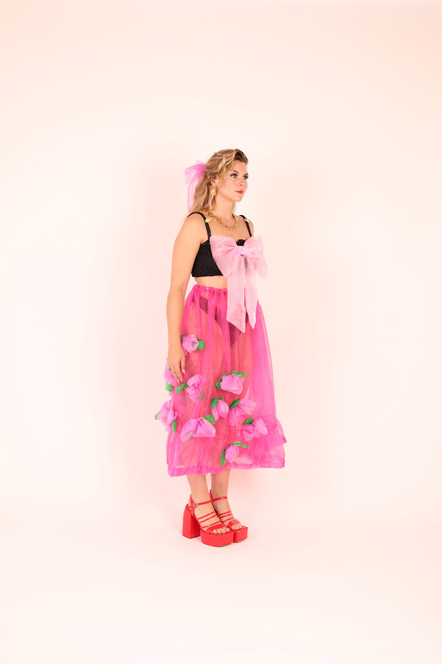 FLEURETTE ✧ Fuchsia Pink Organza Midi Skirt With Cerise Organza Roses