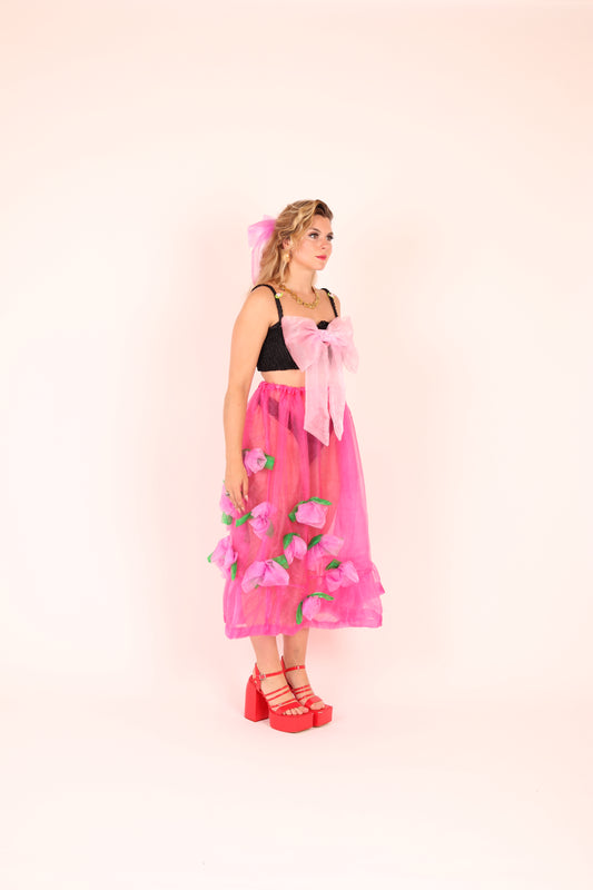 FLEURETTE ✧ Fuchsia Pink Organza Midi Skirt With Cerise Organza Roses
