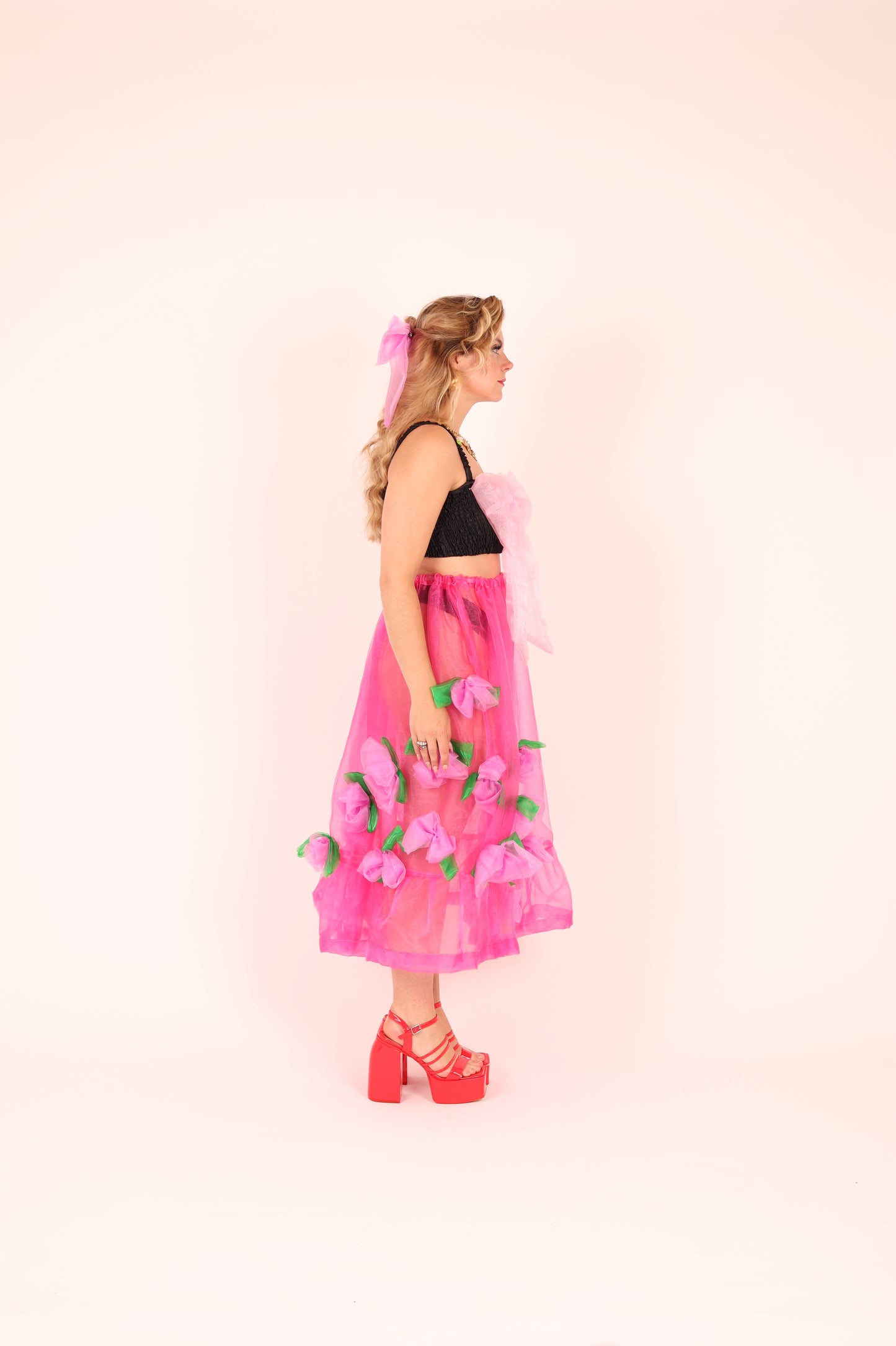 FLEURETTE ✧ Fuchsia Pink Organza Midi Skirt With Cerise Organza Roses