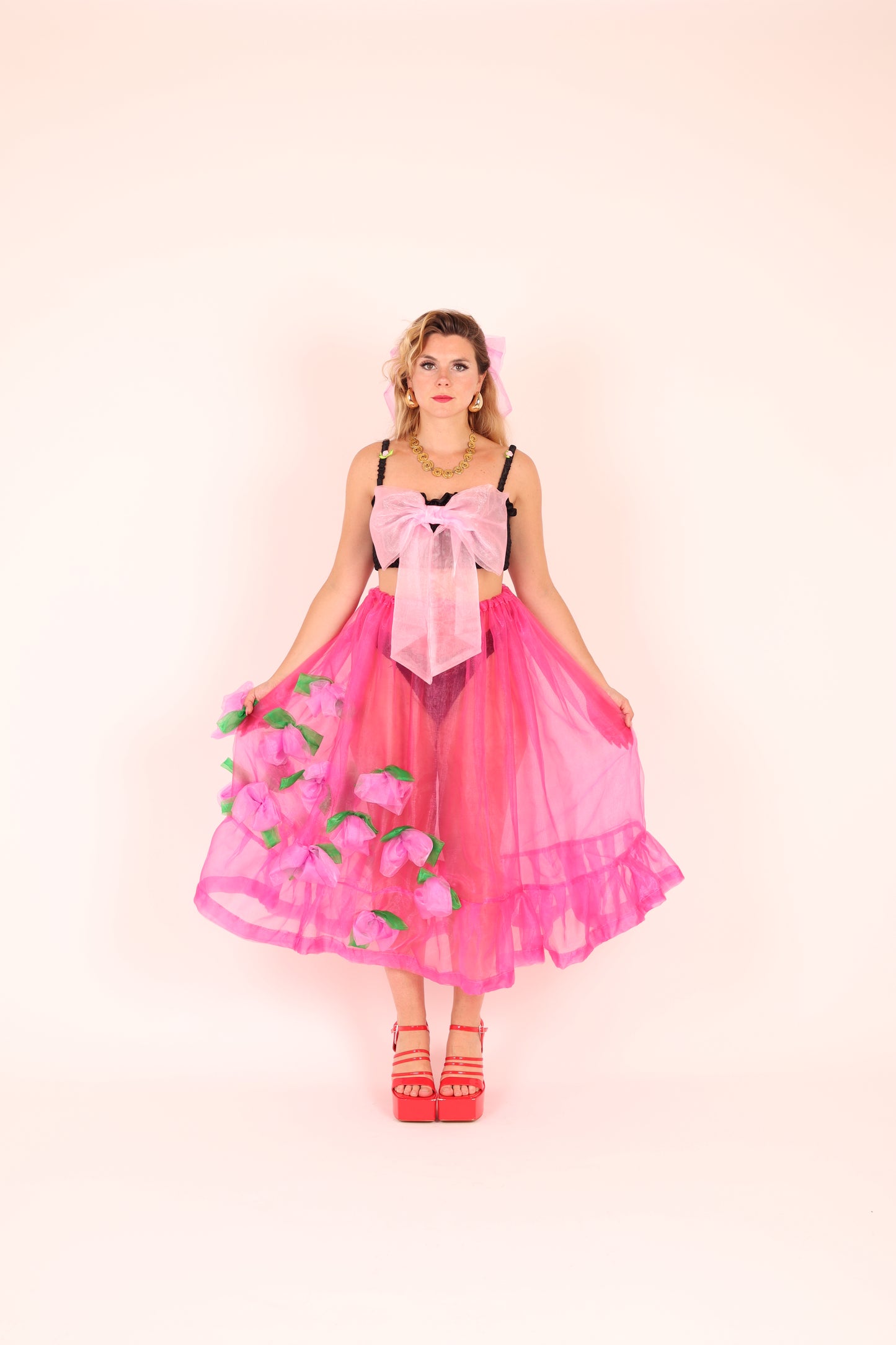 FLEURETTE ✧ Fuchsia Pink Organza Midi Skirt With Cerise Organza Roses