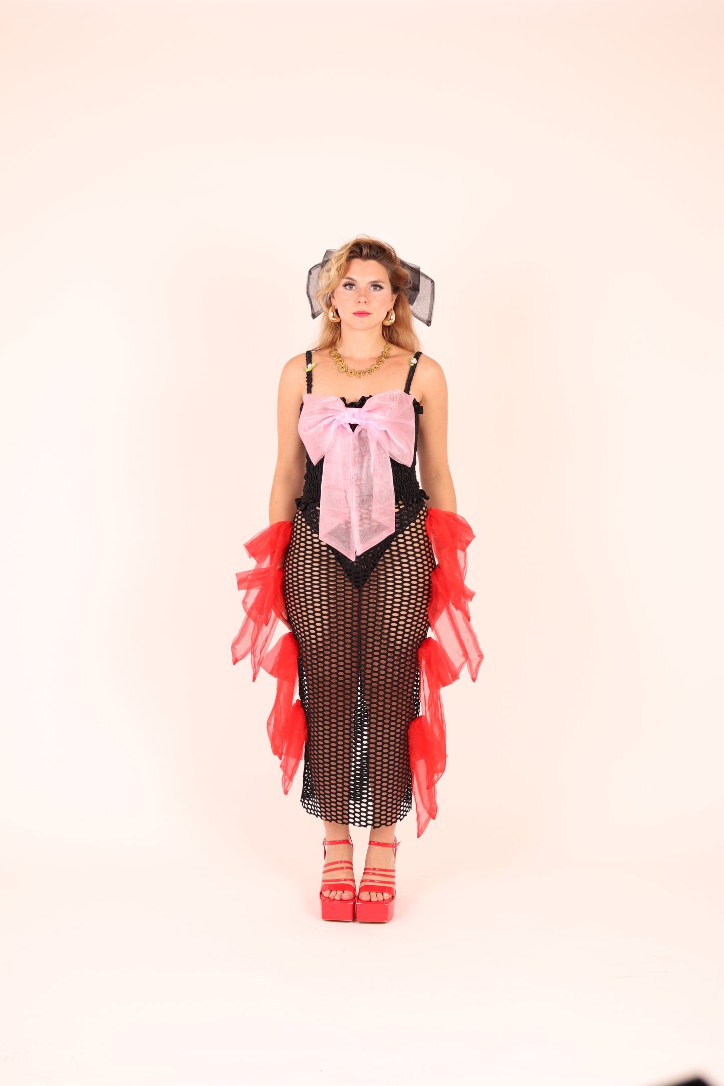 FRIDA ✧ Black XL Oval Fishnet Midi Skirt With Red Organza Bows