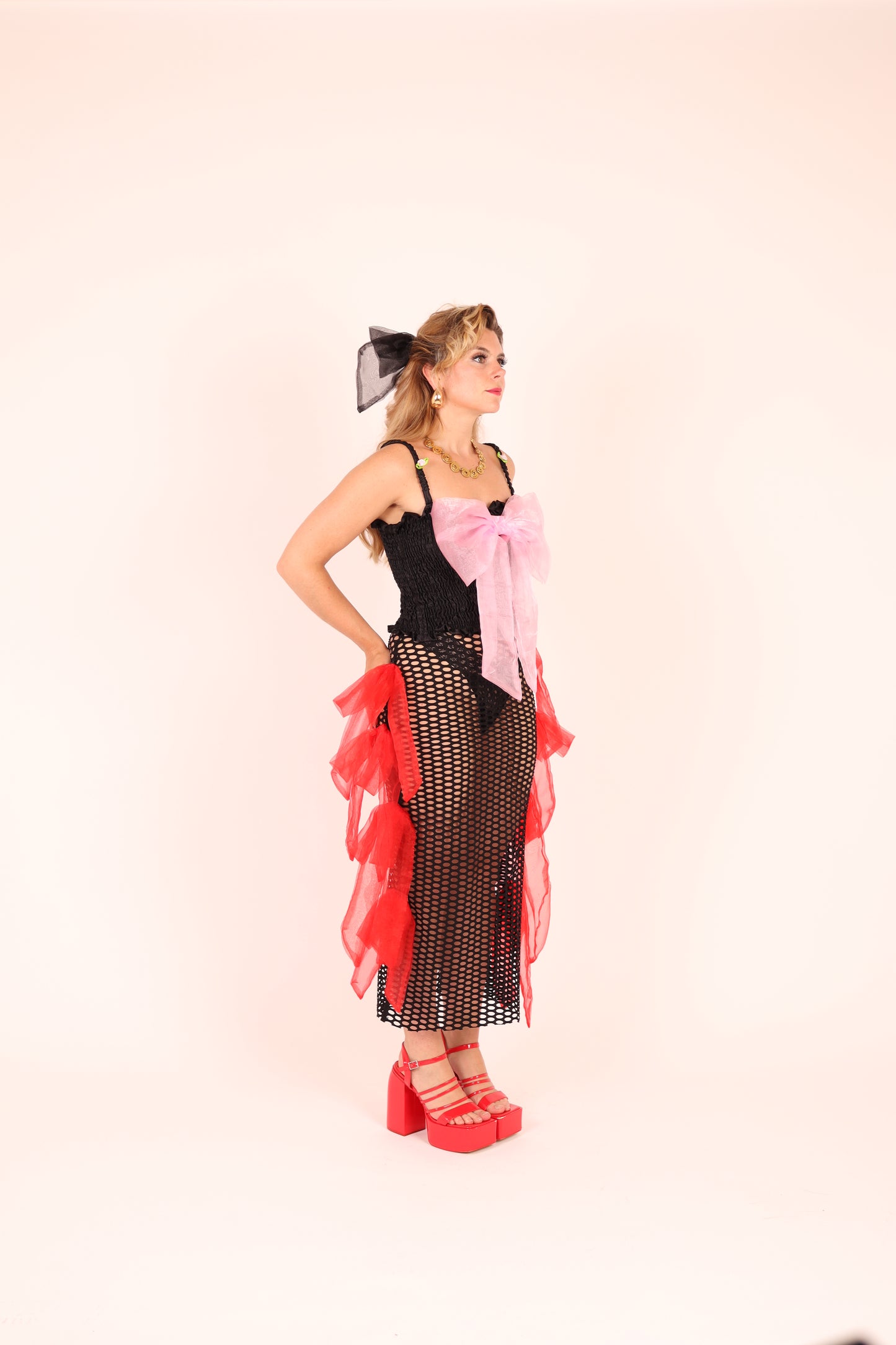 FRIDA ✧ Black XL Oval Fishnet Midi Skirt With Red Organza Bows