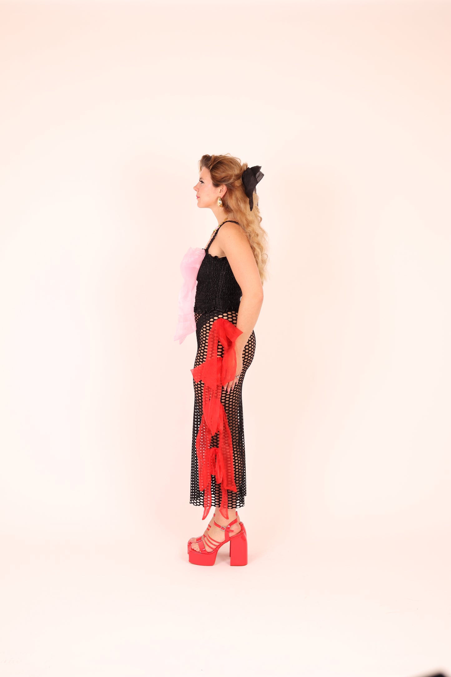 FRIDA ✧ Black XL Oval Fishnet Midi Skirt With Red Organza Bows