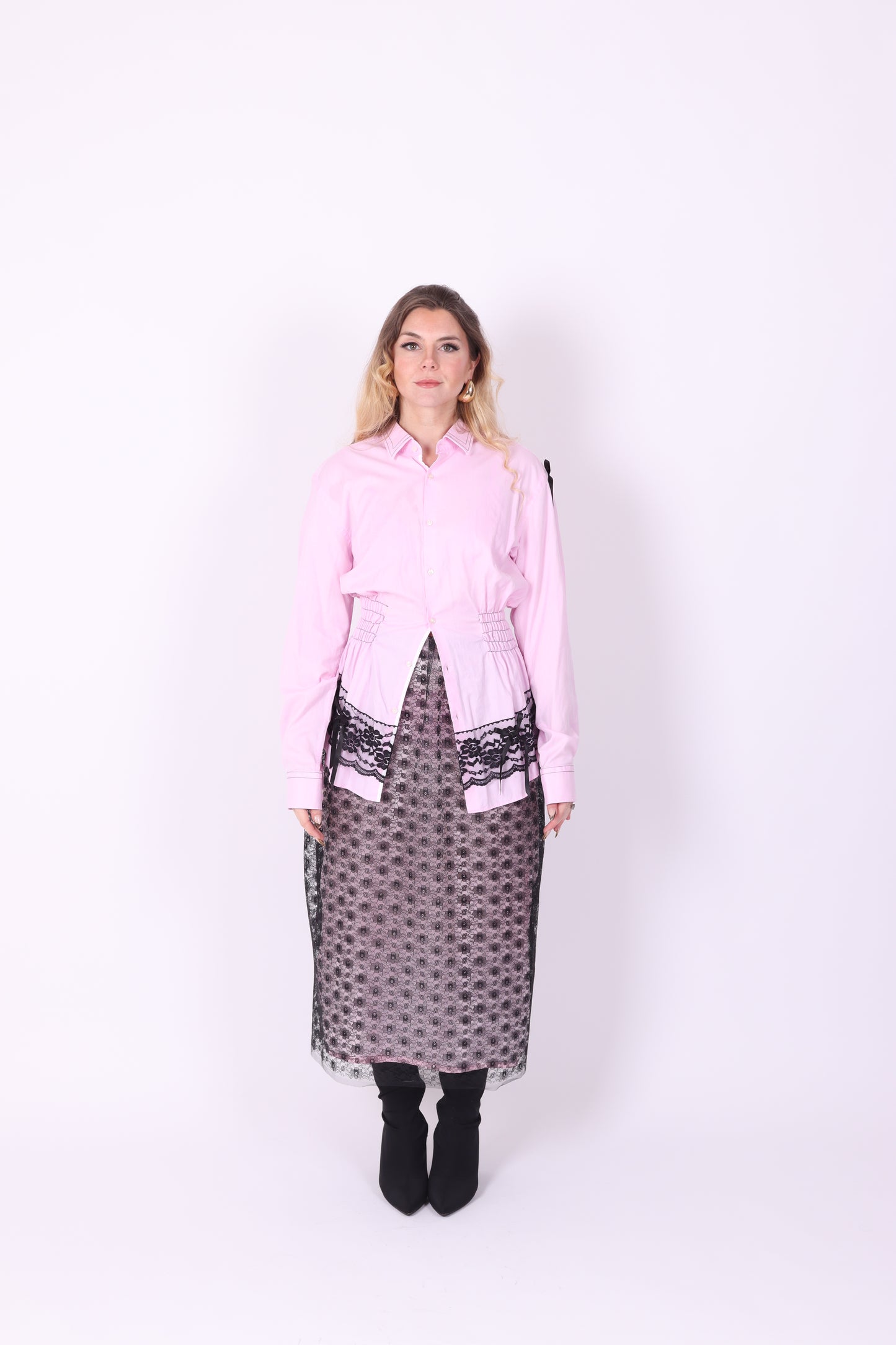 Pink Shirt with Black Lace Detail | Phoenix Rework