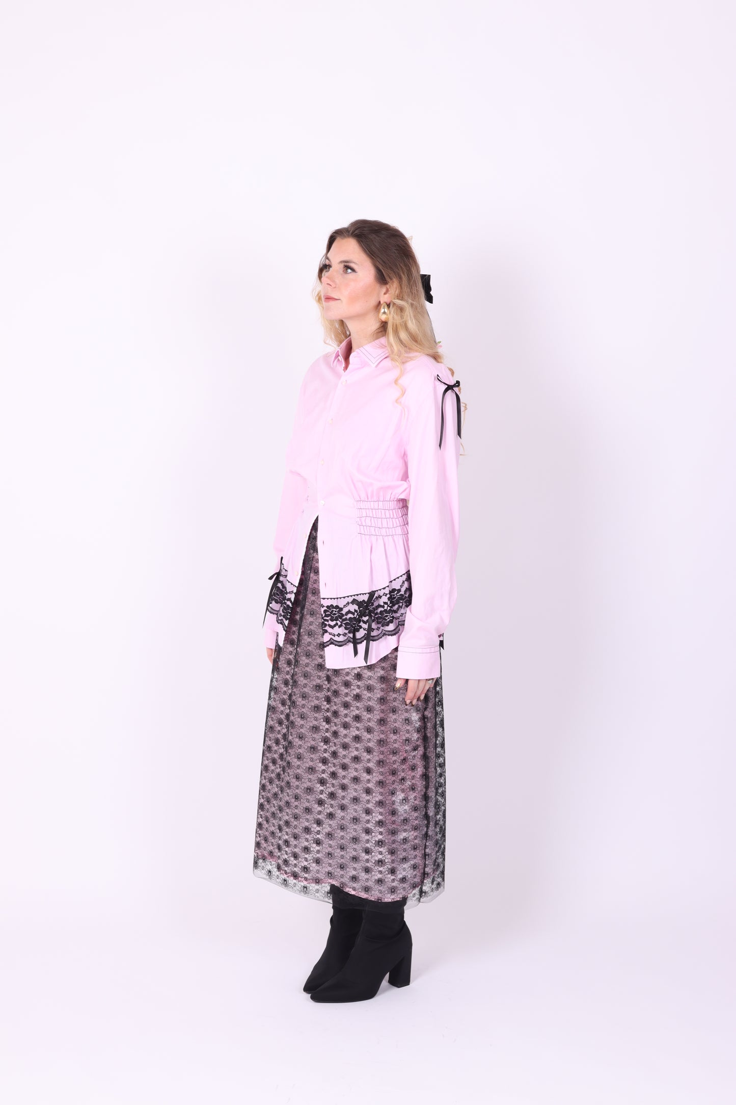 Pink Shirt with Black Lace Detail | Phoenix Rework