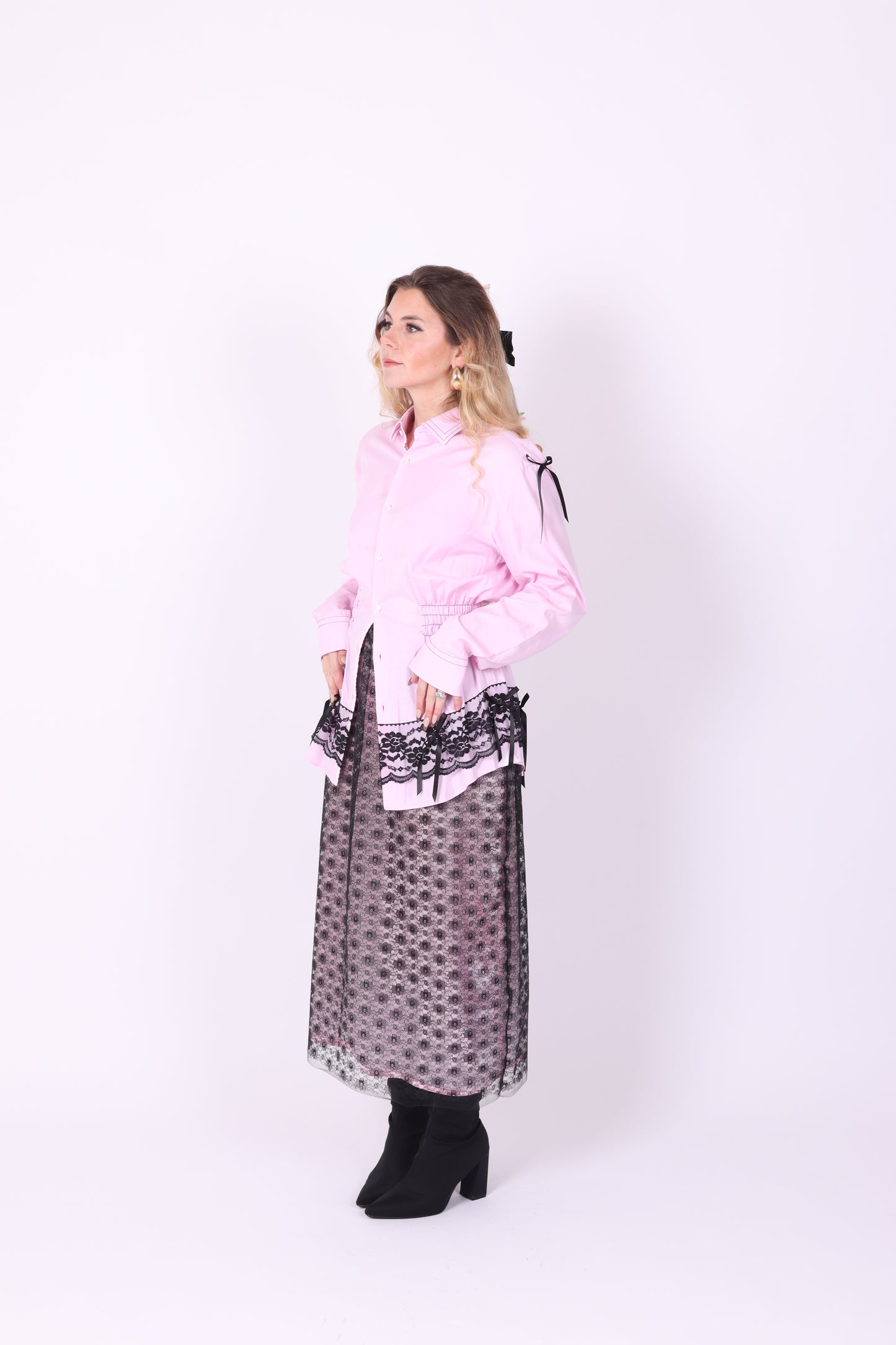 Pink Shirt with Black Lace Detail | Phoenix Rework
