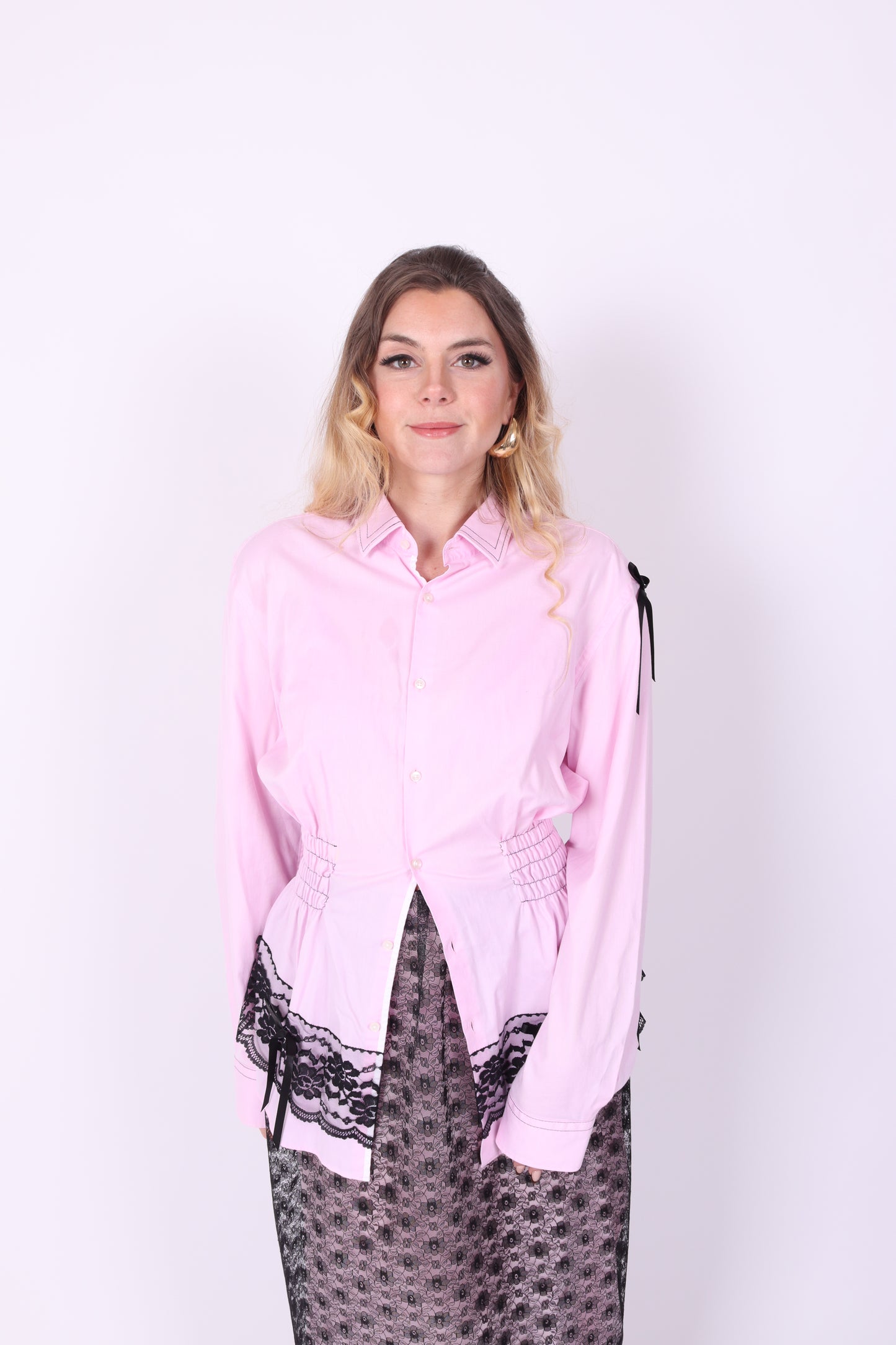 Pink Shirt with Black Lace Detail | Phoenix Rework