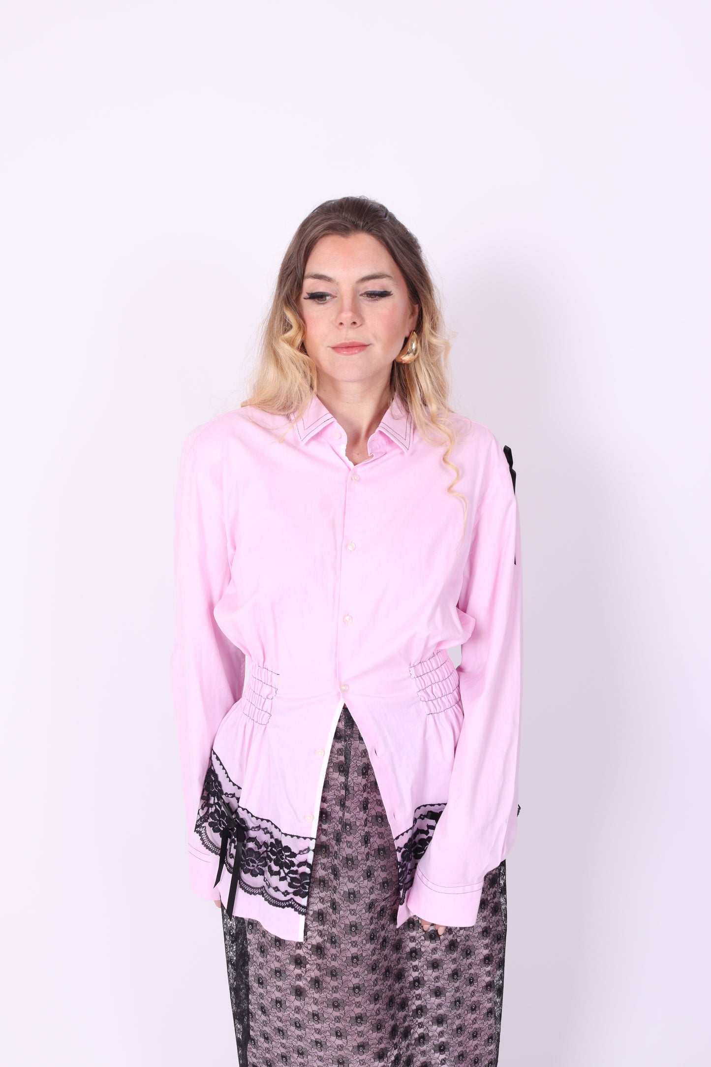 Pink Shirt with Black Lace Detail | Phoenix Rework