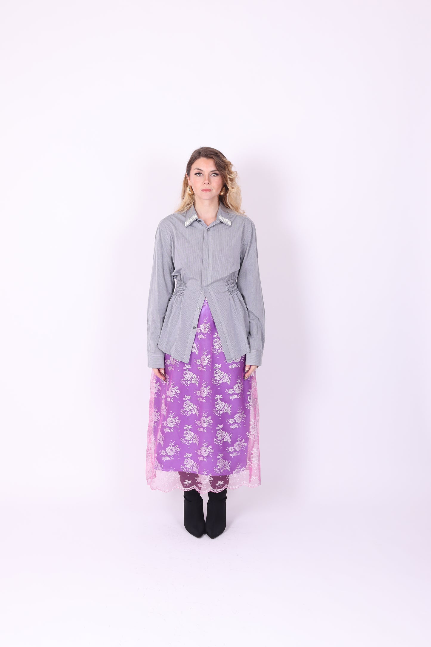 Grey with Black Pinstripe + Diamante Detail Boss Shirt | Phoenix Rework