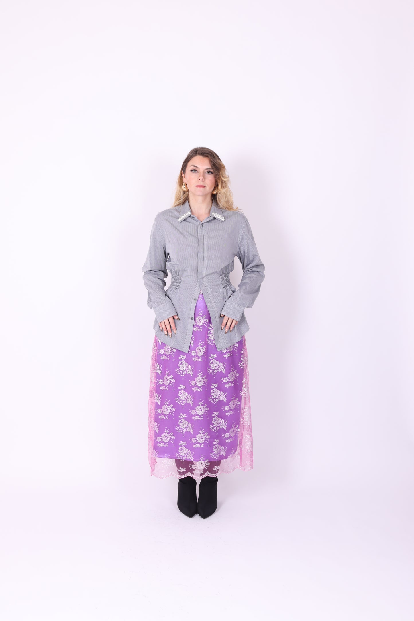 Grey with Black Pinstripe + Diamante Detail Boss Shirt | Phoenix Rework