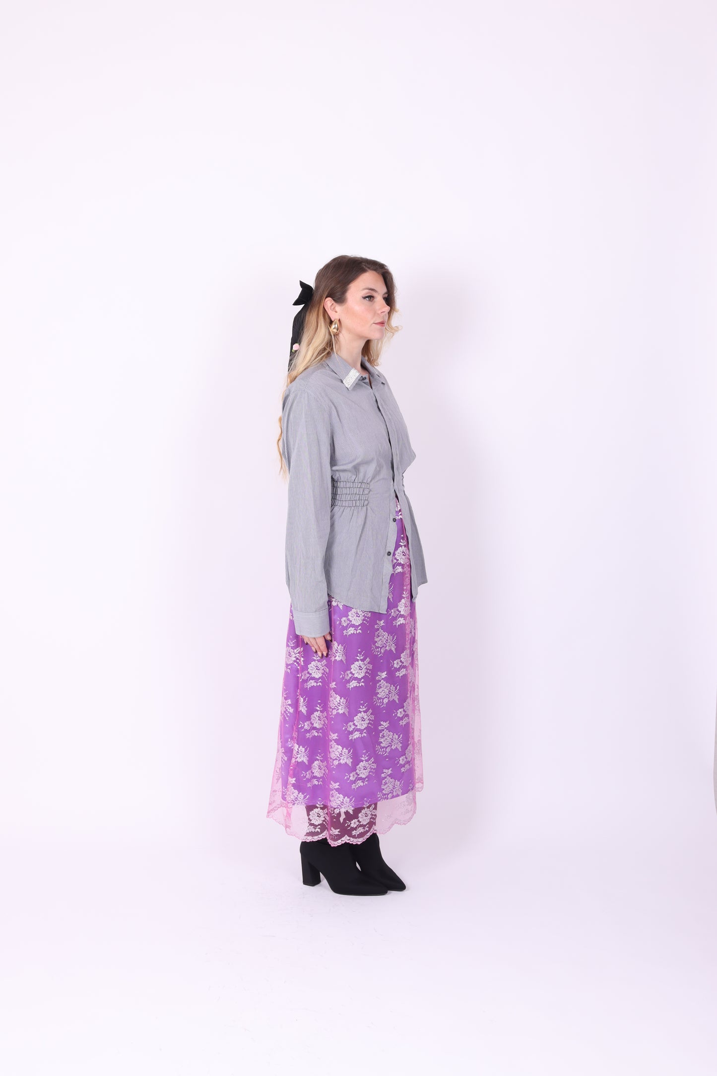 Grey with Black Pinstripe + Diamante Detail Boss Shirt | Phoenix Rework