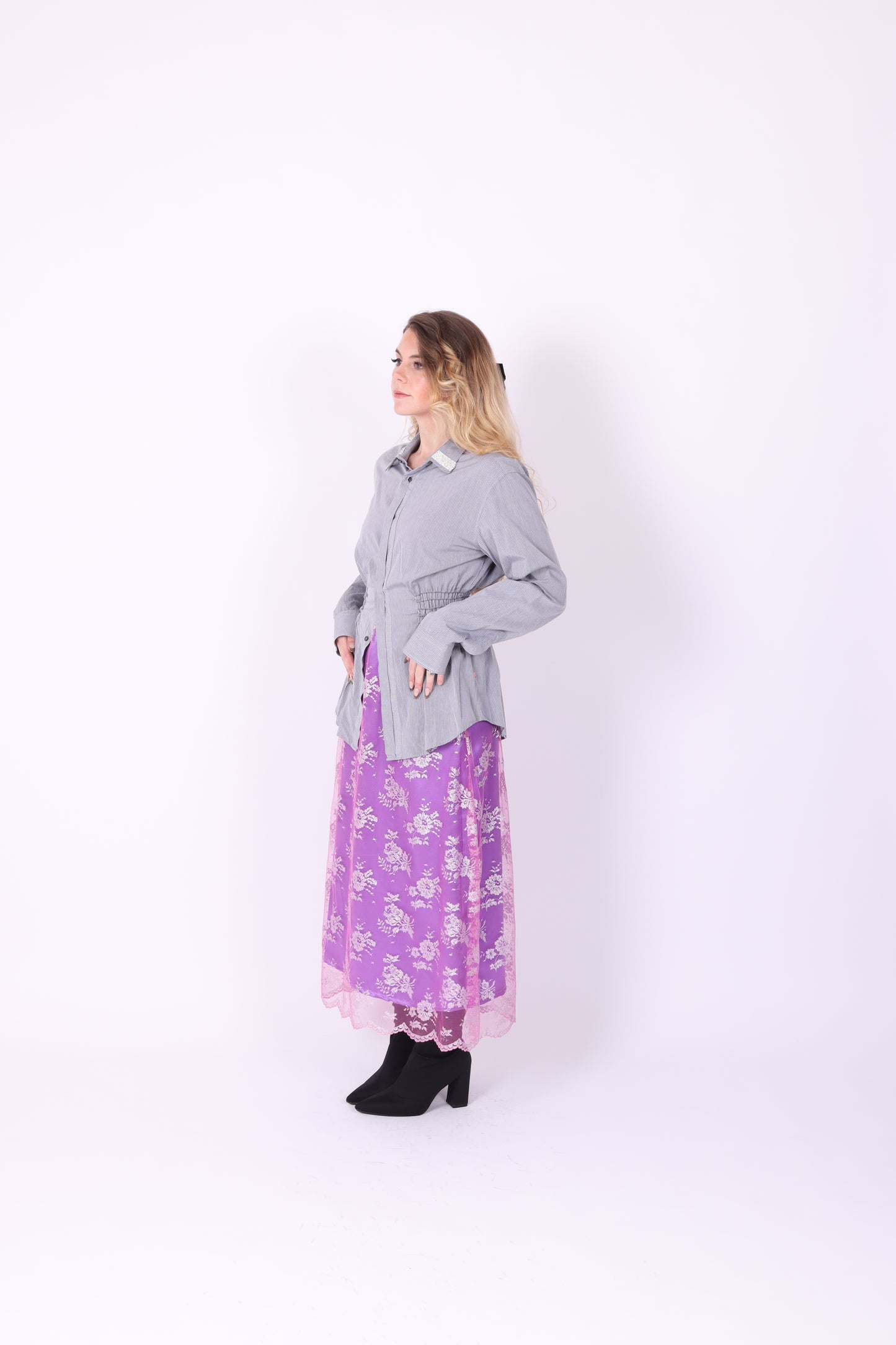 Grey with Black Pinstripe + Diamante Detail Boss Shirt | Phoenix Rework