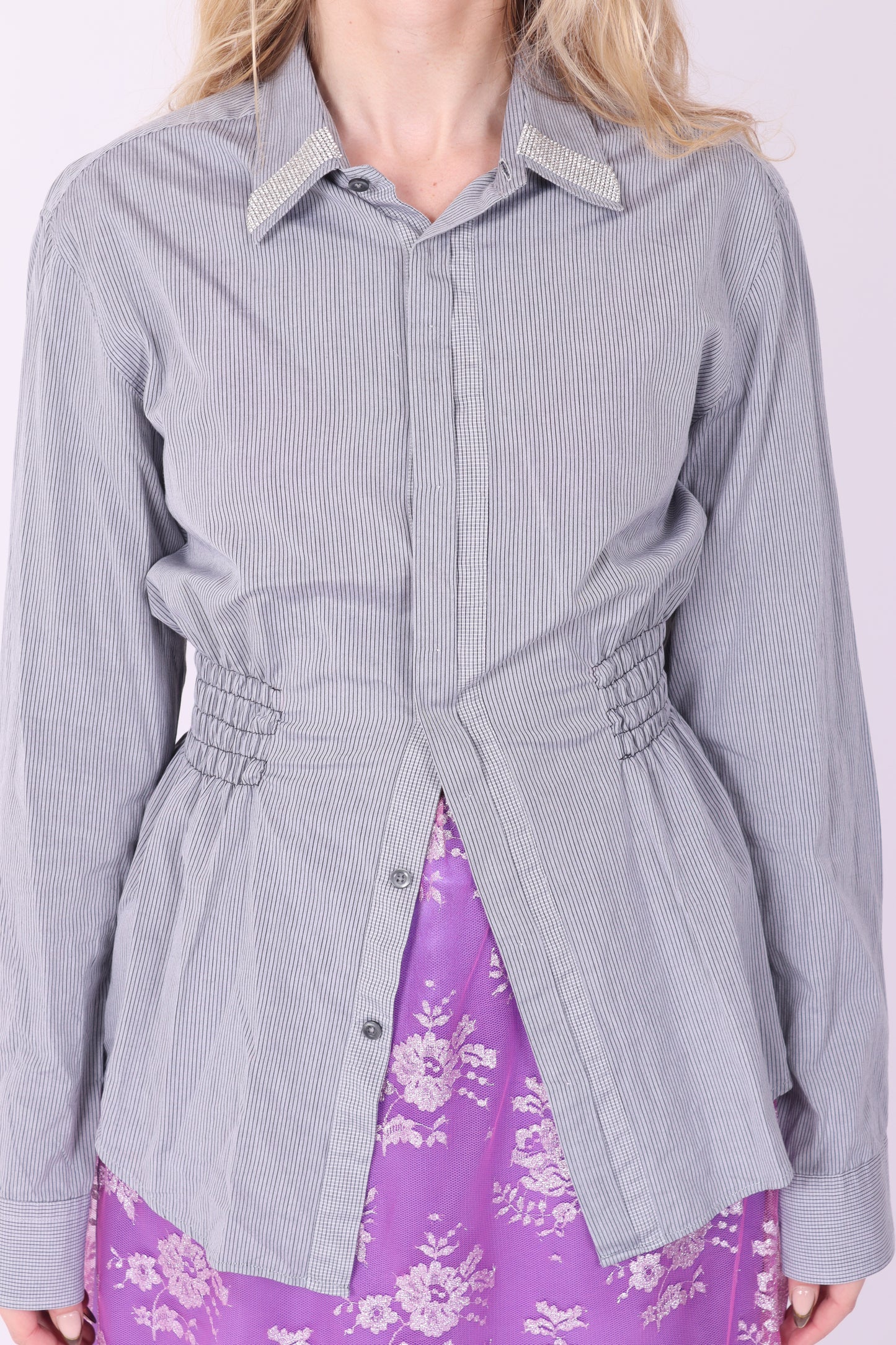 Grey with Black Pinstripe + Diamante Detail Boss Shirt | Phoenix Rework