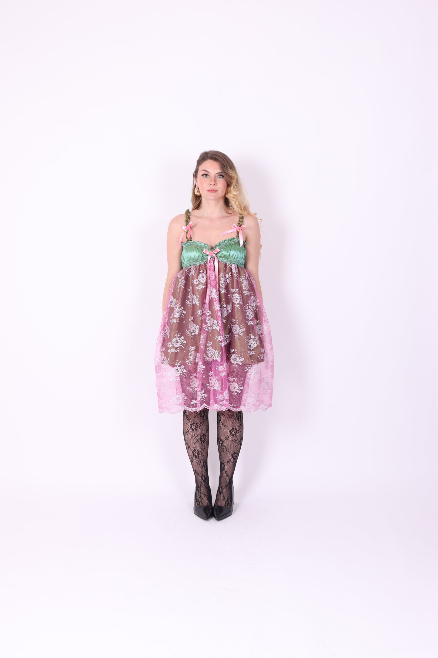 SERAPHINA ✧ Green and Pink Lace Babydoll Dress