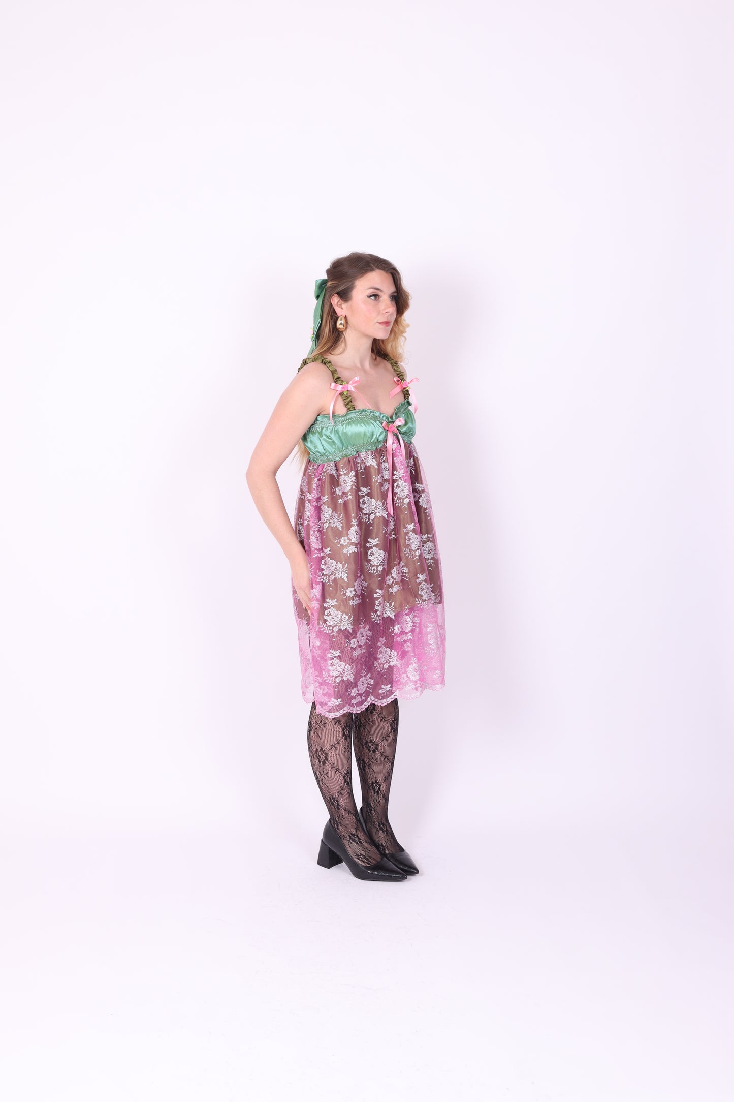 SERAPHINA ✧ Green and Pink Lace Babydoll Dress