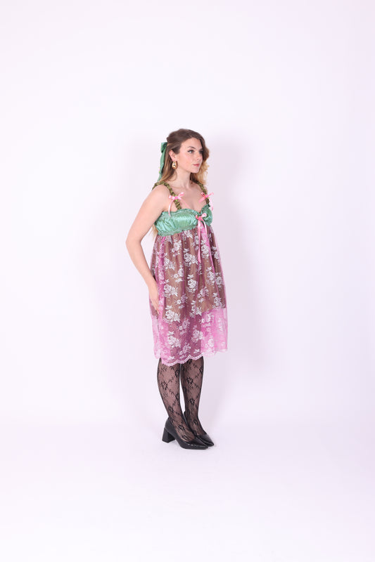 SERAPHINA ✧ Green and Pink Lace Babydoll Dress