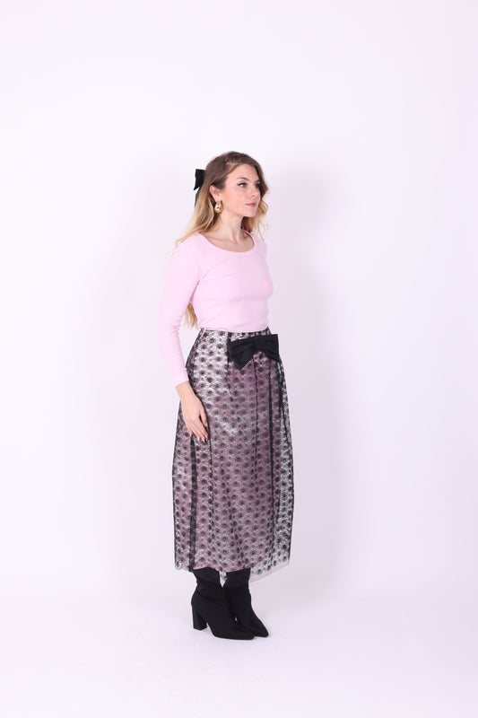 LIVIETTA ✧ Black Lace + Pink Silk + Bow Long Skirt