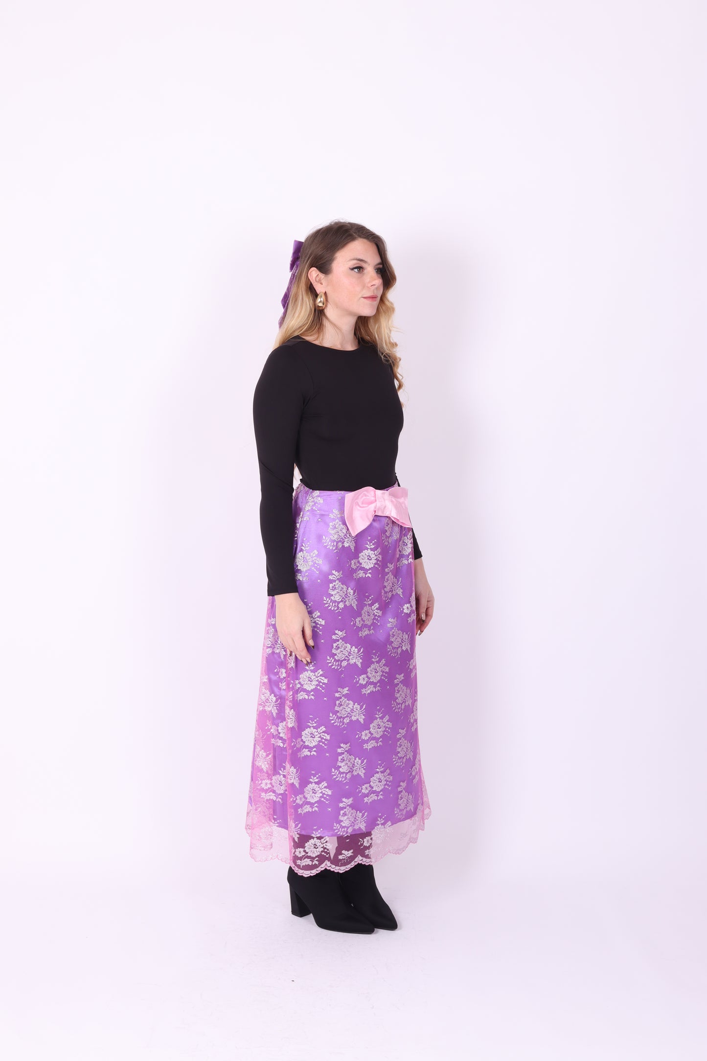 LAMBRETTA ✧ Metallic Pink Lace + Purple Silk + Bow Long Skirt