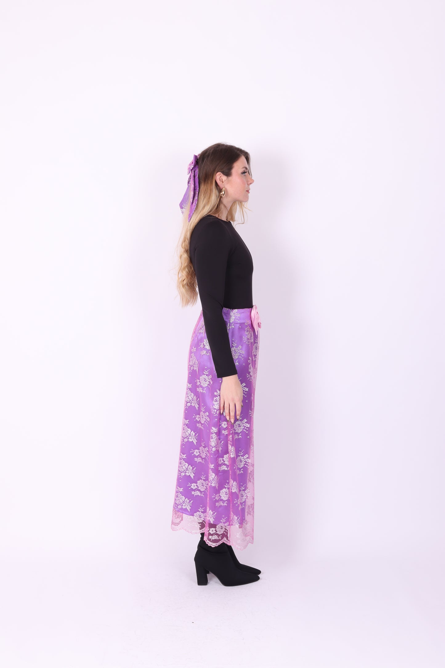 LAMBRETTA ✧ Metallic Pink Lace + Purple Silk + Bow Long Skirt
