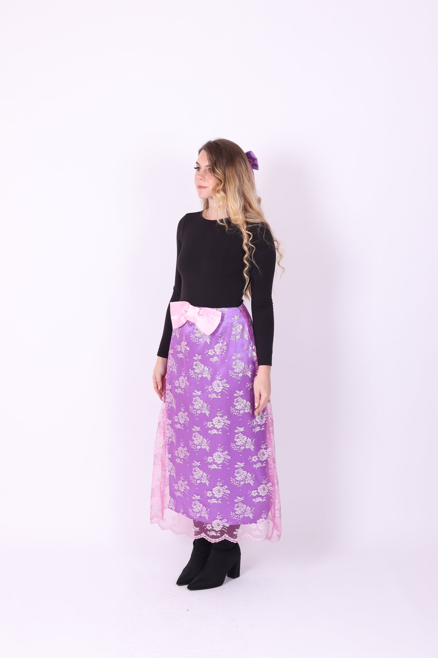 LAMBRETTA ✧ Metallic Pink Lace + Purple Silk + Bow Long Skirt