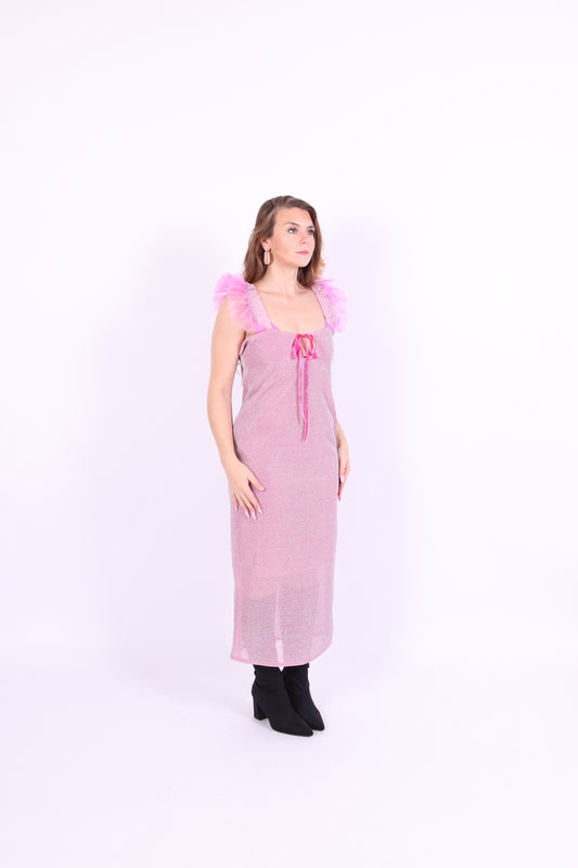 Pink long glitter dress with ruffled straps, keyhole bust with ribbon - Juno Dress - Delta Of Phoenix