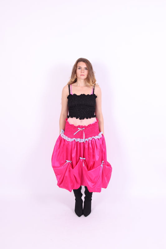Mid pink taffeta bubble midi skirt with blue bows and blue lace - Dolores Midi Skirt - Delta Of Phoenix