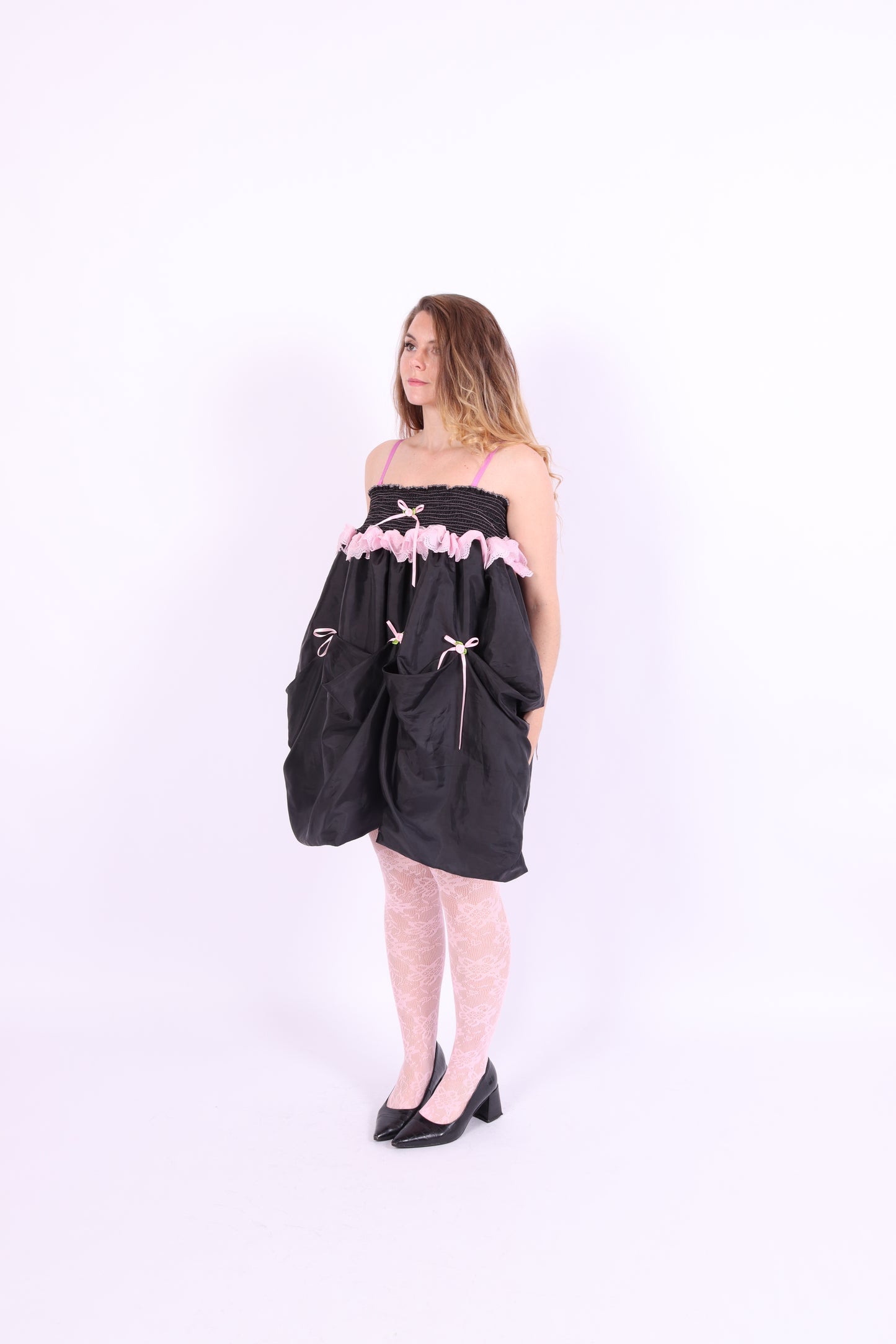 Black midi bubble skirt in black taffeta with pink lace and pink bows - Dahlia Midi Skirt - Delta Of Phoenix - worn as dress