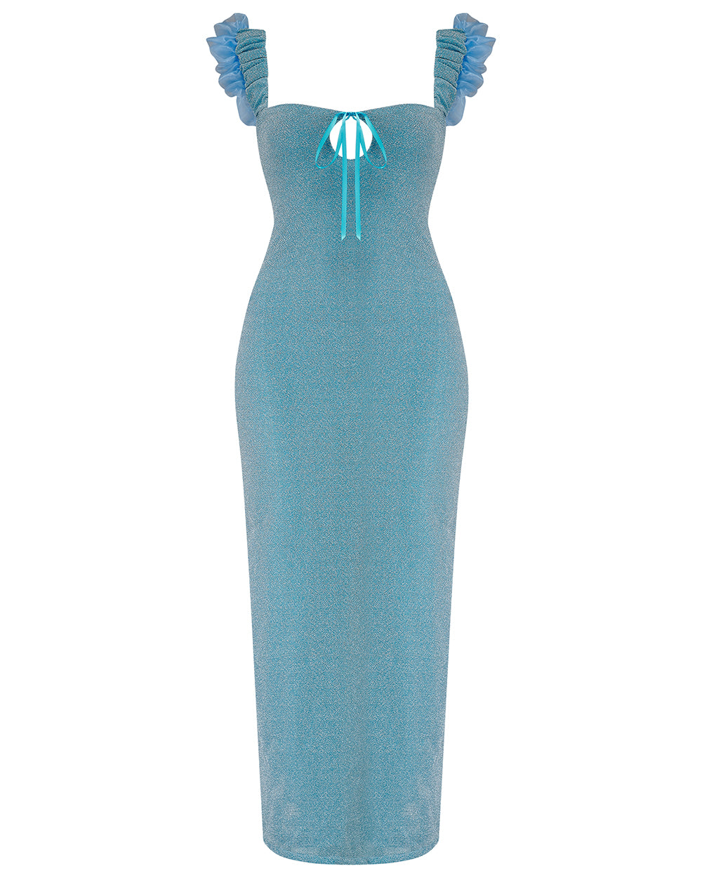 A blue glitter cocktail dress with ruffle detailing, elasticated ruched straps, and a ribbon bow keyhole detail at the front. Delta Of Phoenix Juni Midi Dress