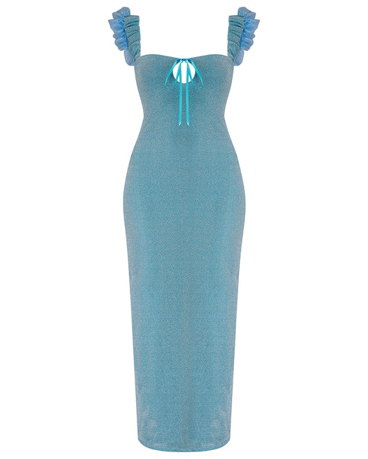 A blue glitter cocktail dress with ruffle detailing, elasticated ruched straps, and a ribbon bow keyhole detail at the front. Delta Of Phoenix Juni Midi Dress