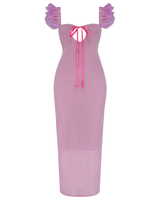 Pink long glitter dress with ruffled straps, keyhole bust with ribbon - Juno Dress - Delta Of Phoenix
